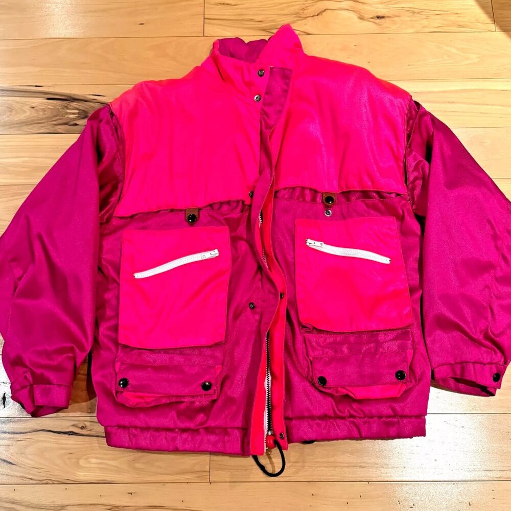 Vintage Neon Ski Jacket Coat Snowboard Winter Pink Pockets Zip Retro 80s/90s